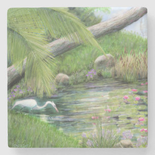 Egret on Pond Stone Coaster