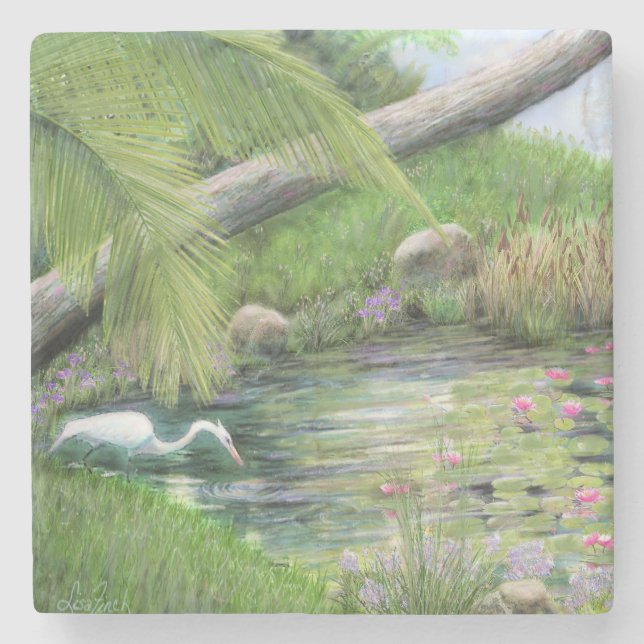 Egret on Pond  Stone Coaster (Front)