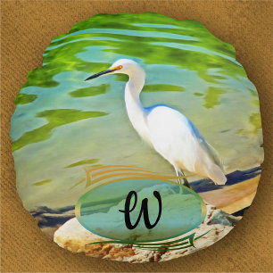 Egret On The Mismaloya River 0335 Round Cushion