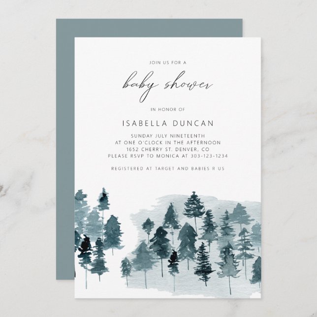 EGRET Rustic Blue Winter Pine Tree Baby Shower Invitation (Front/Back)