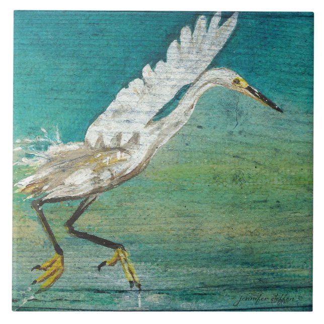 Egret Shorebird Beach House Art Ceramic Tile (Front)
