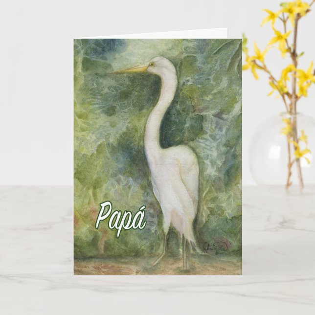 Egret white bird Papa Spanish  Birthday Card (Yellow Flower)