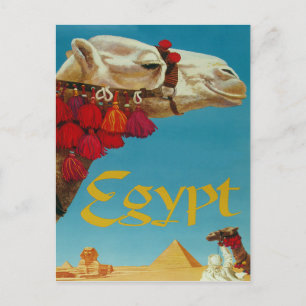 Egypt, camel on desert with pyramids and sphinx postcard