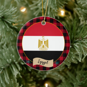 Egypt, Red buffalo plaid & Egyptian Flag Ceramic Ornament