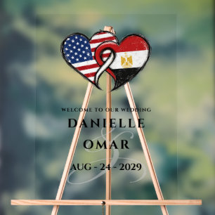 Egyptian American Heart Flags Wedding Welcome Acrylic Sign