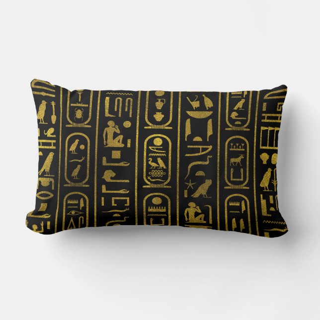 Egyptian Ancient Gold hieroglyphs on black Lumbar Cushion (Front)