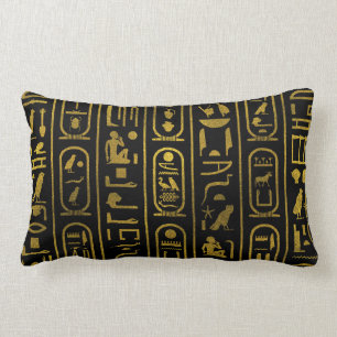 Egyptian Ancient Gold hieroglyphs on black Lumbar Cushion