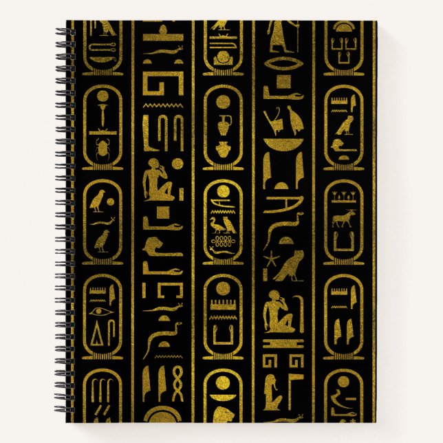 Egyptian Ancient Gold hieroglyphs on black Notebook (Front)
