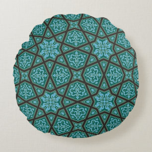 Egyptian arabic geometric in vintage blue and grey round cushion