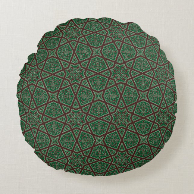 Egyptian arabic geometric pattern in brown green round cushion (Front)