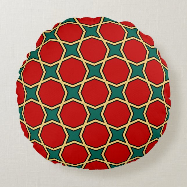 Egyptian arabic geometric pattern in red and green round cushion (Front)