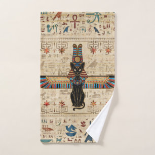 Egyptian Cat - Bastet on papyrus Bath Towel Set