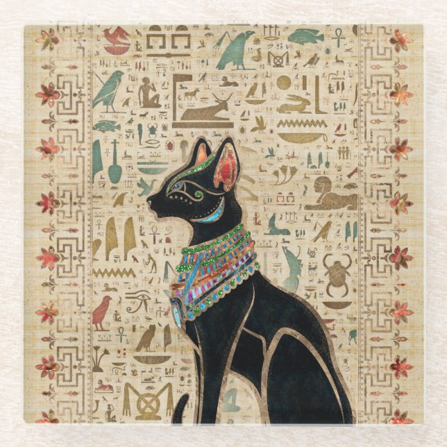 Egyptian Cat - Bastet on papyrus Glass Coaster (Front)