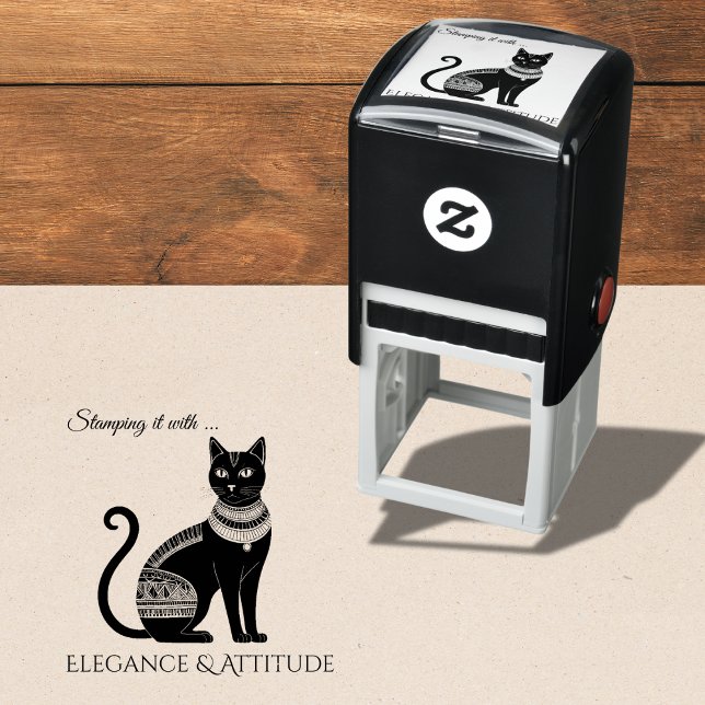 Egyptian Cat Elegance and Attitude Self-inking Stamp (A rubber stamp with Egyptian black cat design and caption 'Stamping it with elegance & attitude")