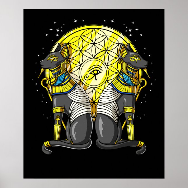 Egyptian Cat Goddess Bastet Ankh Sacred Geometry Poster (Front)