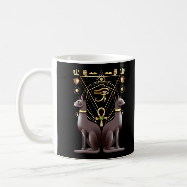 Egyptian Cat Horus Eye Ankh Sacred Geometry Coffee Mug (Left)