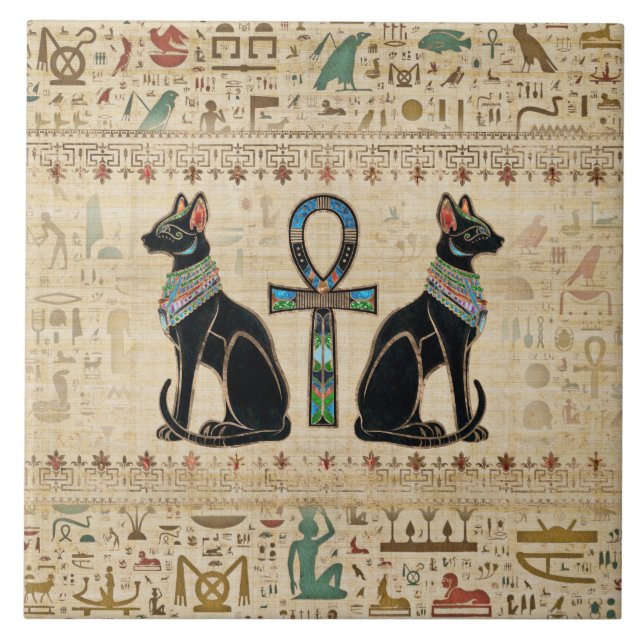 Egyptian Cats and ankh cross Ceramic Tile (Front)
