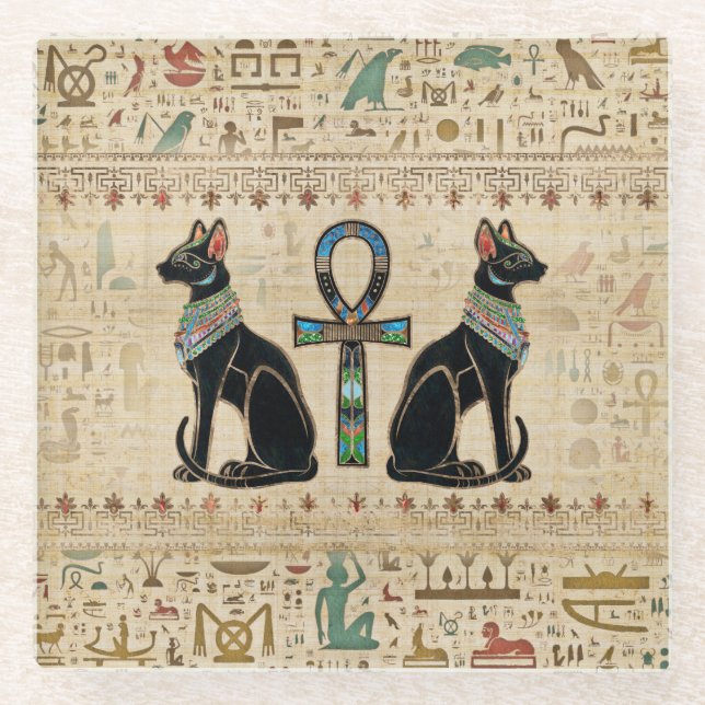 Egyptian Cats and ankh cross Glass Coaster (Front)