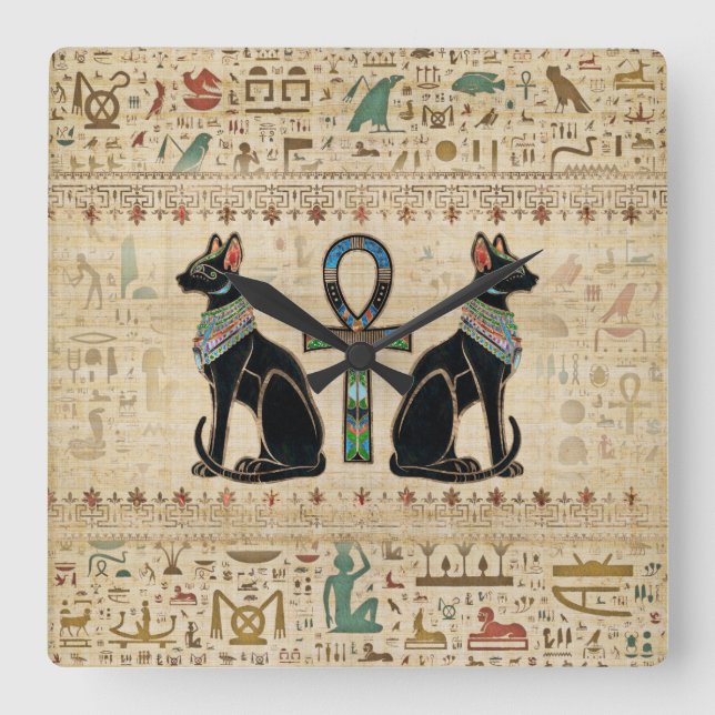 Egyptian Cats and ankh cross Square Wall Clock (Front)