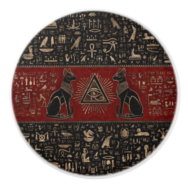 Egyptian Cats and Eye of Horus Ceramic Knob (Front)