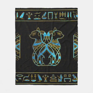 Egyptian Cats Gold and blue stained glass Fleece Blanket