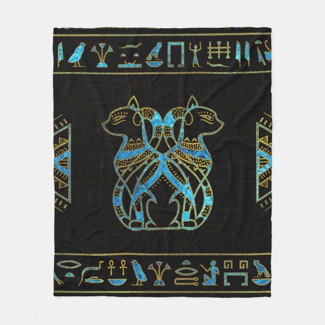 Egyptian Cats Gold and blue stained glass Fleece Blanket (Front)