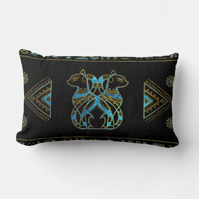 Egyptian Cats Gold and blue stained glass Lumbar Cushion (Front)
