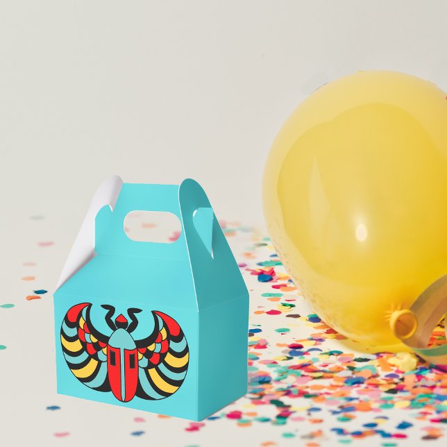 Egyptian Colourful Bold Vibrant Scarab Beetle Favour Box (Abstract black Scarab beetle with colourful markings on aqua blue party favor box.)