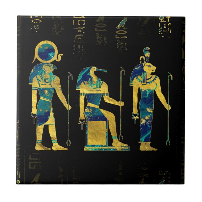 Egyptian Deities  on hieroglyphics gold and marble Tile (Front)