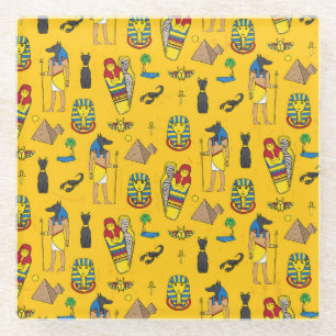 Egyptian elements, Anubis, pyramids pattern. Glass Coaster