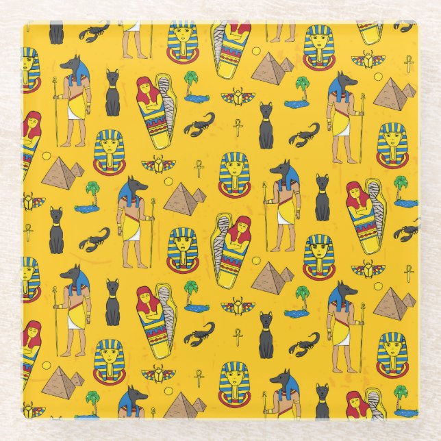 Egyptian elements, Anubis, pyramids pattern. Glass Coaster (Front)