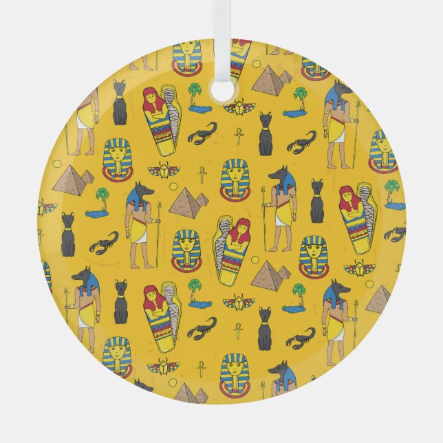 Egyptian elements, Anubis, pyramids pattern. Glass Tree Decoration (Front)