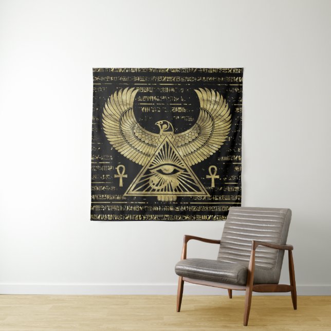 Egyptian Eye of Horus - Wadjet Gold and Black Tapestry (In Situ)