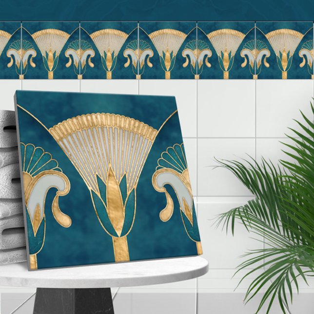 Egyptian Floral Border - Aqua Blue Marble and Gold Ceramic Tile (Creator Uploaded)