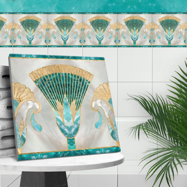 Egyptian Floral Border - Aquamarine and Gold Ceramic Tile (Creator Uploaded)
