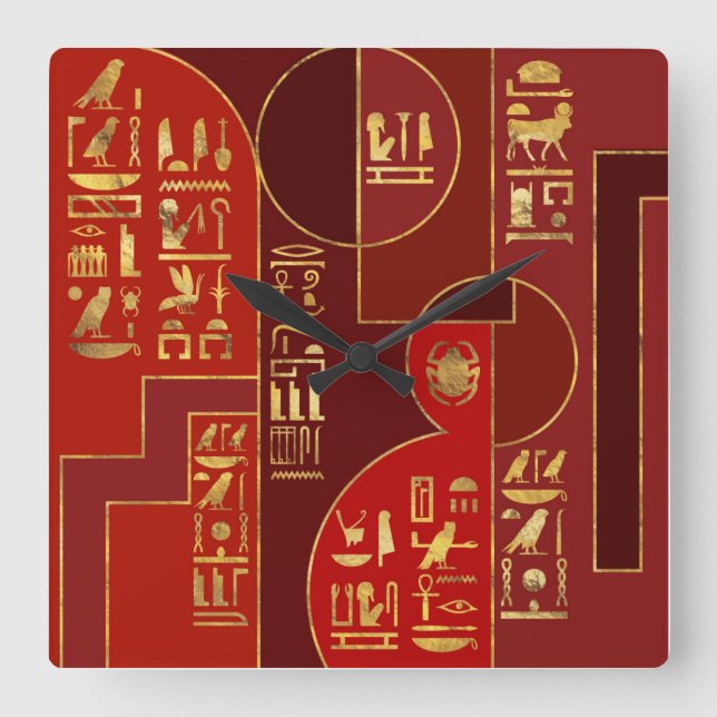 Egyptian Geometric Art Deco Red and Gold Square Wall Clock (Front)