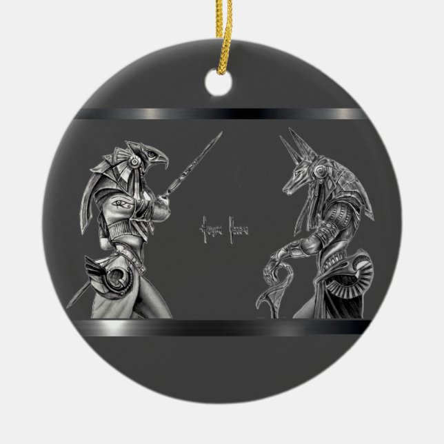 Egyptian Gods on Grey Ceramic Ornament (Front)