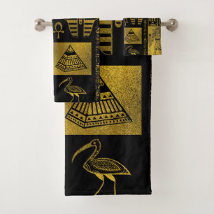 Egyptian  Gold hieroglyphs and symbols collage Bath Towel Set