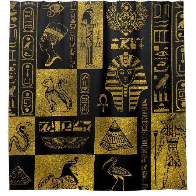 Egyptian  Gold hieroglyphs and symbols collage Shower Curtain (Front)
