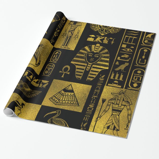 Egyptian  Gold hieroglyphs and symbols collage Wrapping Paper (Unrolled)