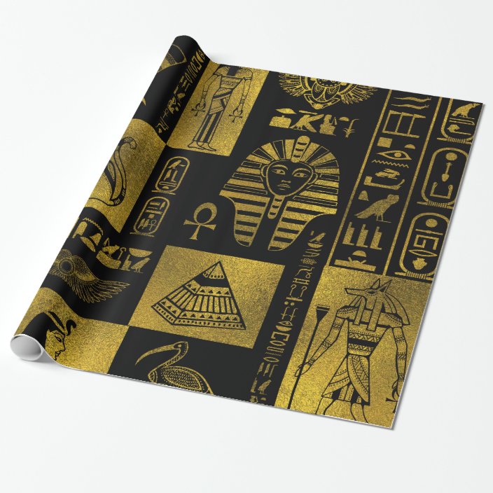 Egyptian Gold hieroglyphs and symbols collage Wrapping Paper Zazzle