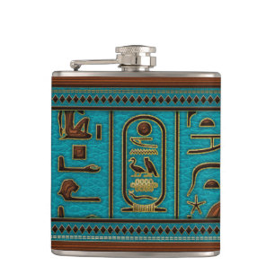 Egyptian Golden Leather hieroglyphs  on teal Hip Flask