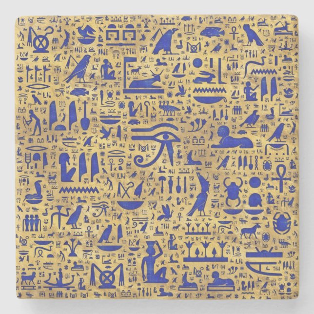 Egyptian hieroglyphic Lapis Lazuli and Gold Stone Coaster (Front)