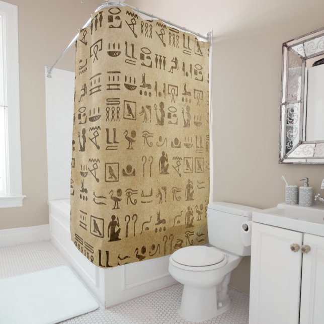 Egyptian Hieroglyphics on Papyrus Shower Curtain (In Situ)