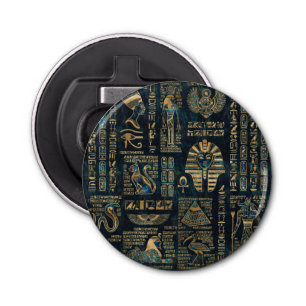 Egyptian hieroglyphs and deities -Abalone and gold Bottle Opener