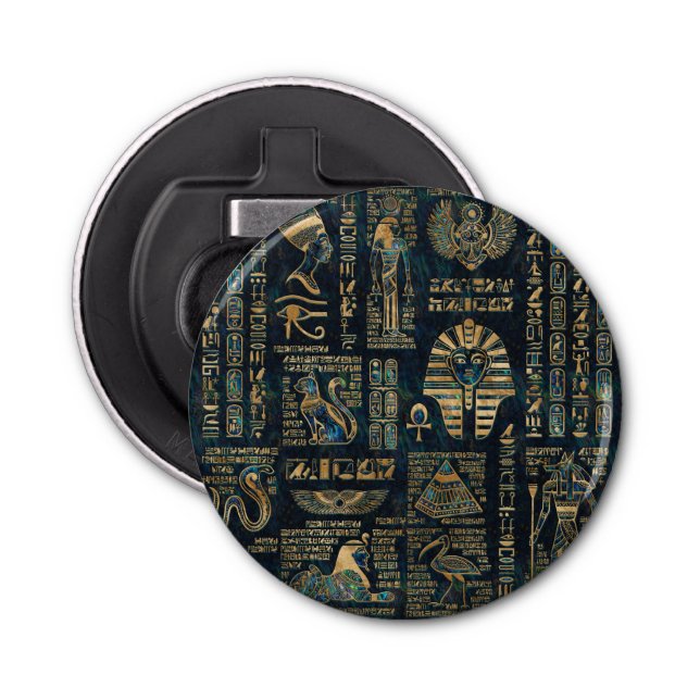 Egyptian hieroglyphs and deities -Abalone and gold Bottle Opener (Front)