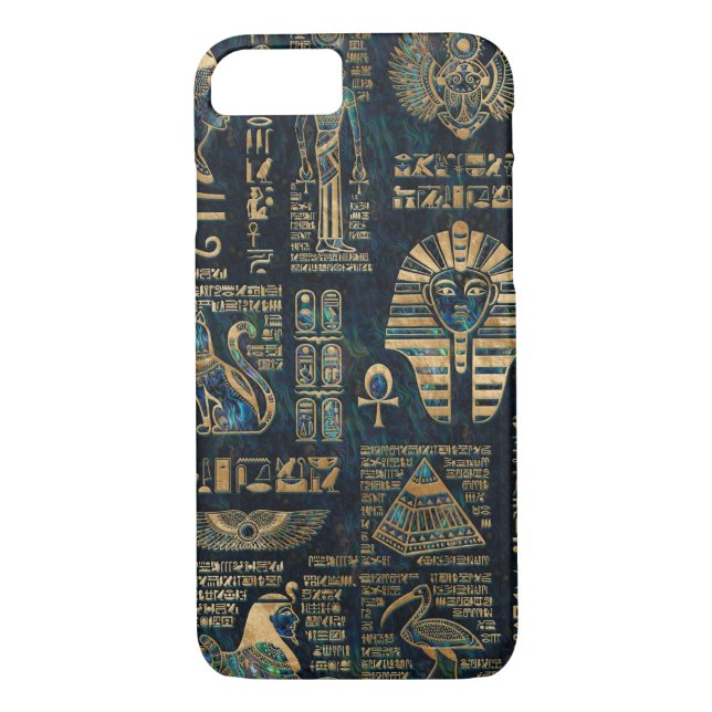 Egyptian hieroglyphs and deities -Abalone and gold Case-Mate iPhone Case (Back)