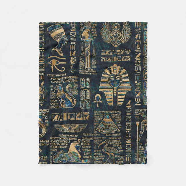 Egyptian hieroglyphs and deities -Abalone and gold Fleece Blanket (Front)