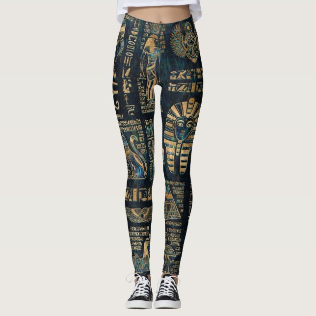 Egyptian hieroglyphs and deities -Abalone and gold Leggings (Front)