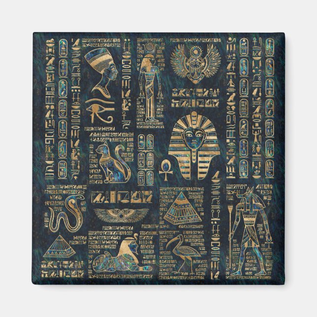 Egyptian hieroglyphs and deities -Abalone and gold Magnet (Front)